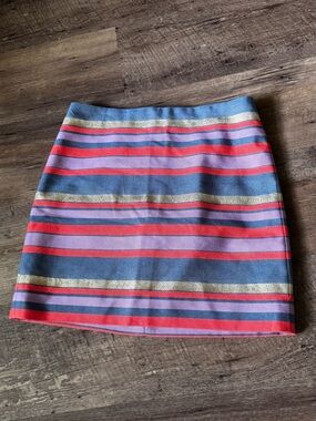 J Crew striped mini skirt in coral, lavender, blue, and gold metallic